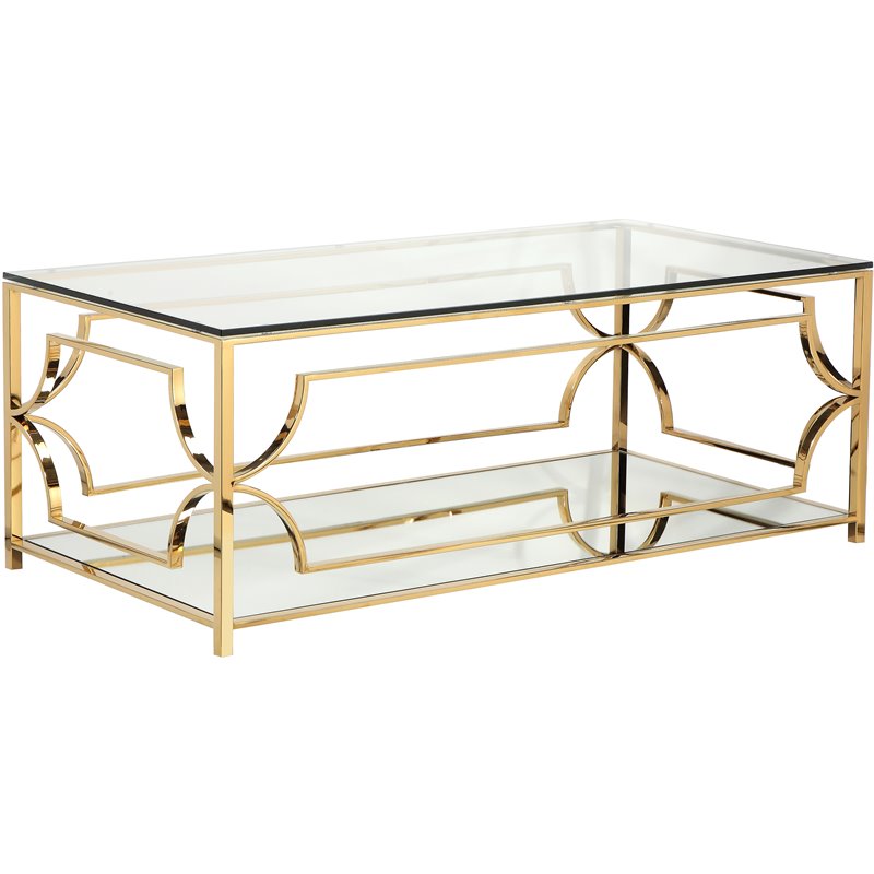 Pemberly Row Metal Rectangle Coffee Table with Glass in Polished Gold
