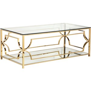 Pemberly Row Metal Rectangle Coffee Table with Glass in Polished Gold