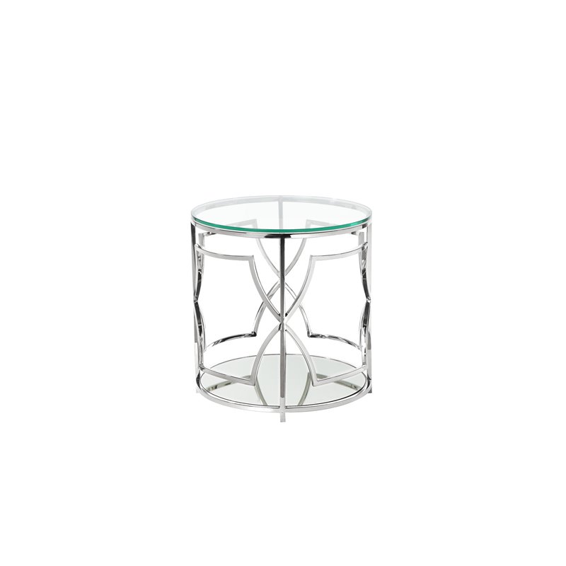 Pemberly Row Contemporary Metal Round Side Table with Glass in Silver