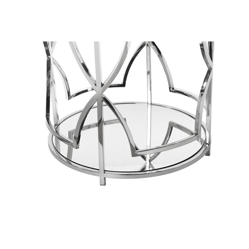 Pemberly Row Contemporary Metal Round Side Table with Glass in Silver