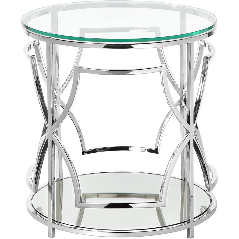 Pemberly Row Contemporary Metal Round Side Table with Glass in Silver