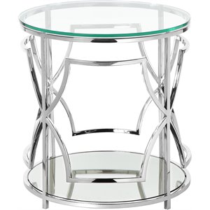 Pemberly Row Contemporary Metal Round Side Table with Glass in Silver