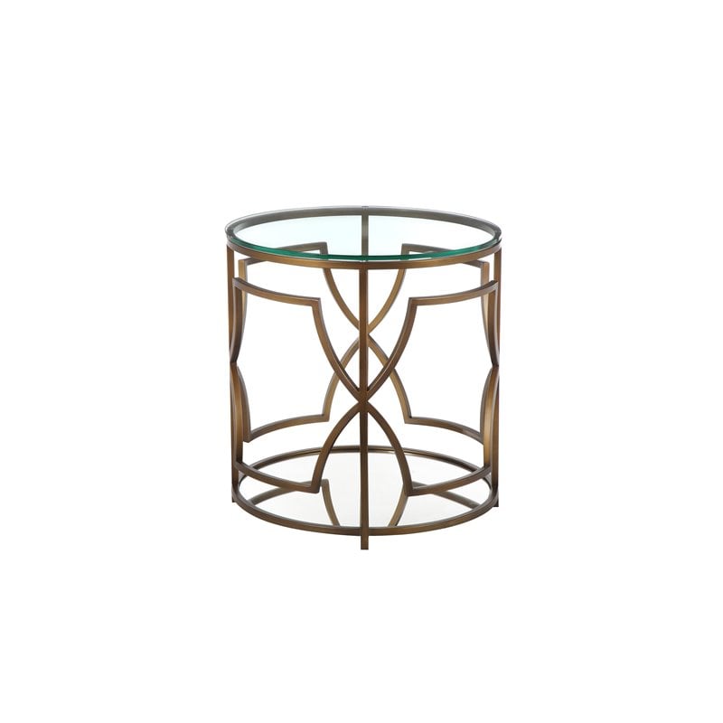Pemberly Row Metal Round Side Table with Glass in Brushed Brass