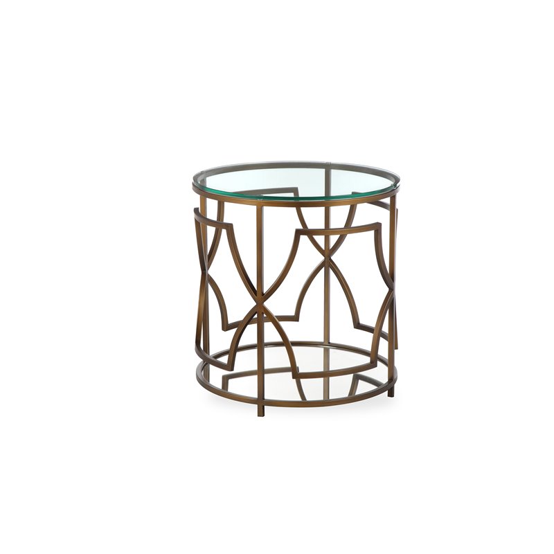 Pemberly Row Metal Round Side Table with Glass in Brushed Brass