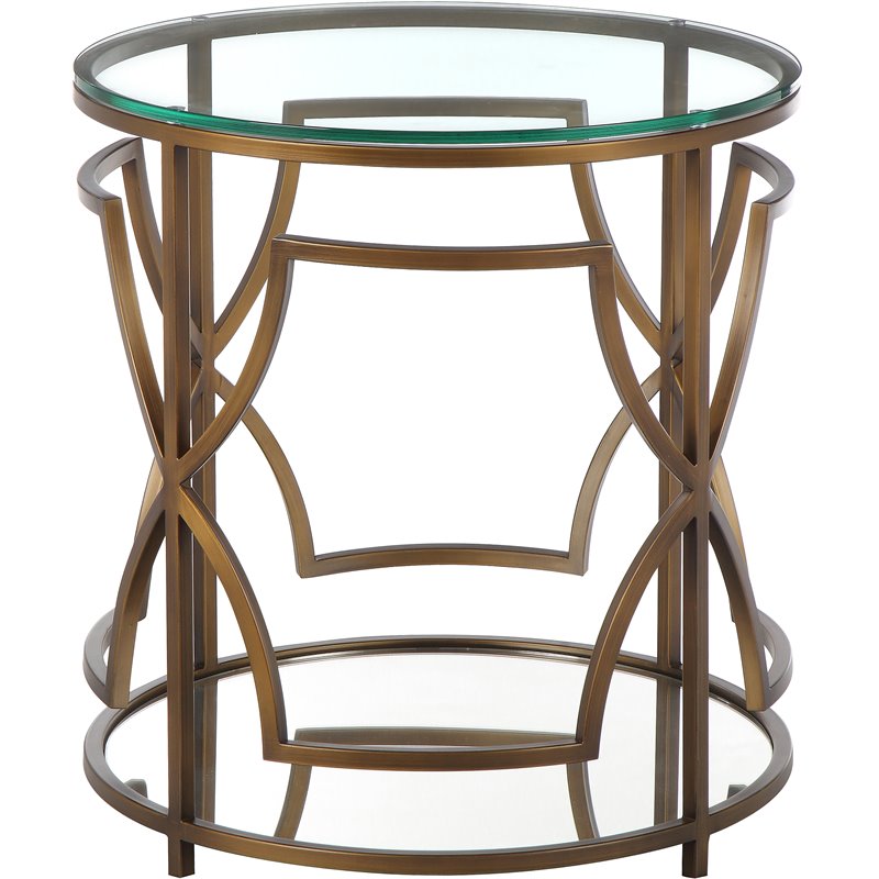 Pemberly Row Metal Round Side Table with Glass in Brushed Brass
