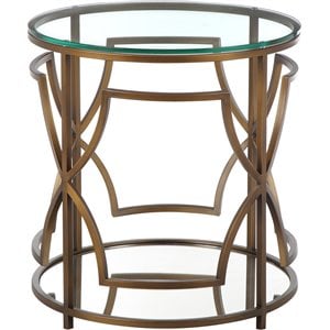 Pemberly Row Metal Round Side Table with Glass in Brushed Brass