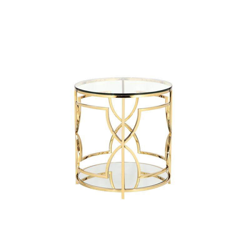 Pemberly Row Metal Round Side Table with Glass in Polished Gold