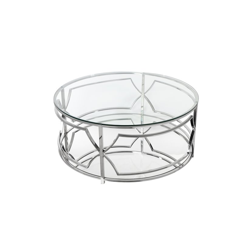 Pemberly Row Contemporary Metal Round Coffee Table with Glass in Silver