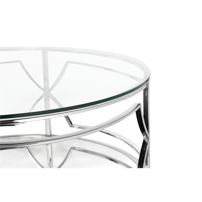 Pemberly Row Contemporary Metal Round Coffee Table with Glass in Silver