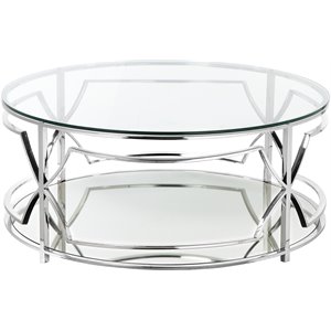 Pemberly Row Contemporary Metal Round Coffee Table with Glass in Silver