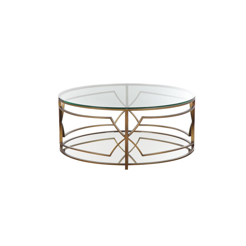 Pemberly Row Metal Round Coffee Table with Glass in Brushed Brass