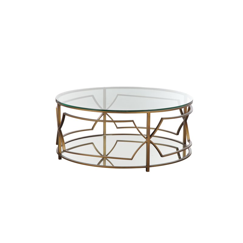 Pemberly Row Metal Round Coffee Table with Glass in Brushed Brass