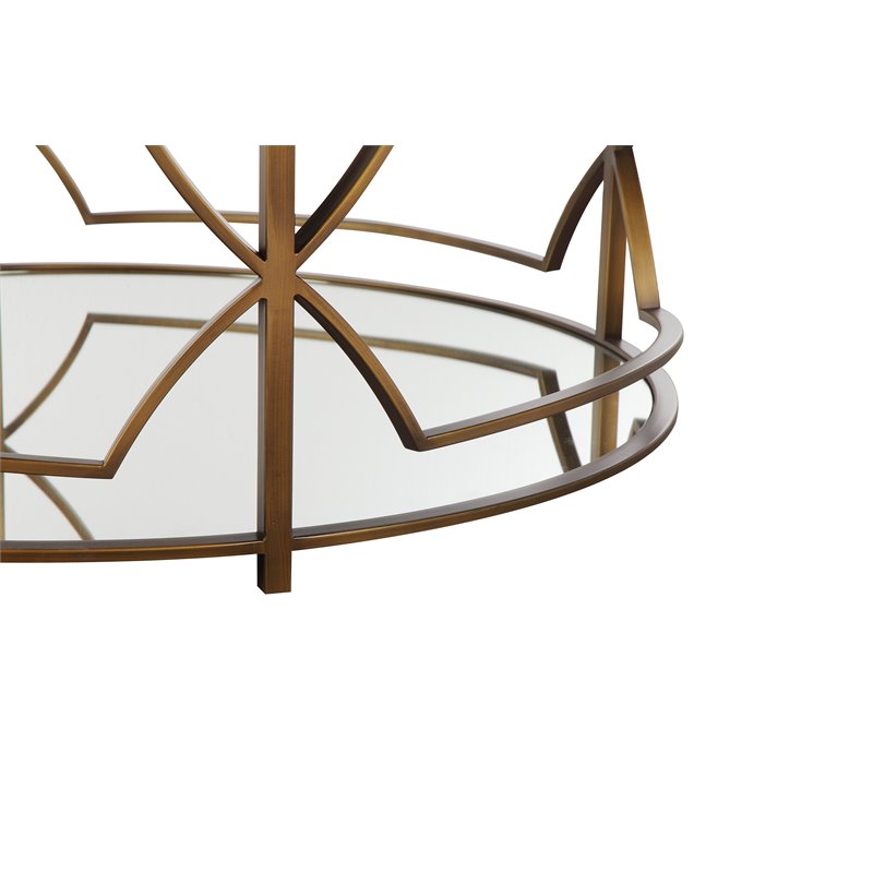Pemberly Row Metal Round Coffee Table with Glass in Brushed Brass