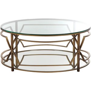 Pemberly Row Metal Round Coffee Table with Glass in Brushed Brass