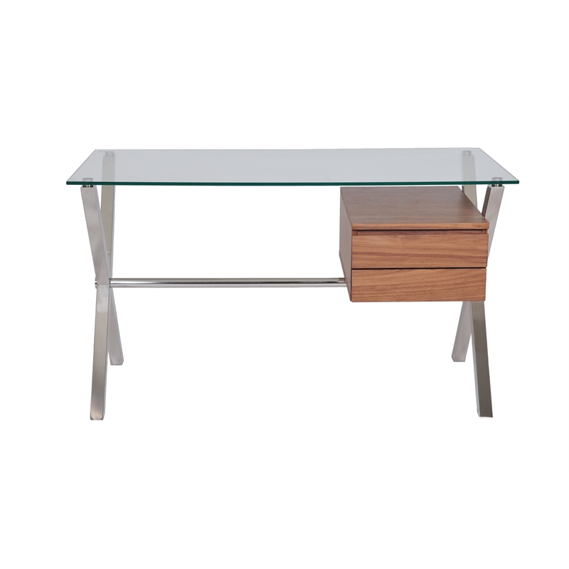 Pemberly Row Small Modern Tempered Glass & Wood Veneer Desk in Walnut