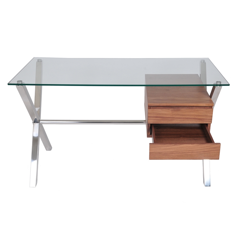 Pemberly Row Small Modern Tempered Glass & Wood Veneer Desk in Walnut