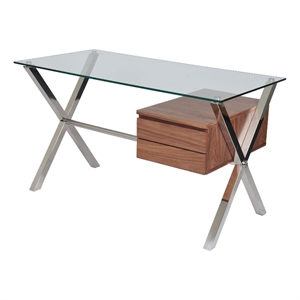 Pemberly Row Small Modern Tempered Glass & Wood Veneer Desk in Walnut