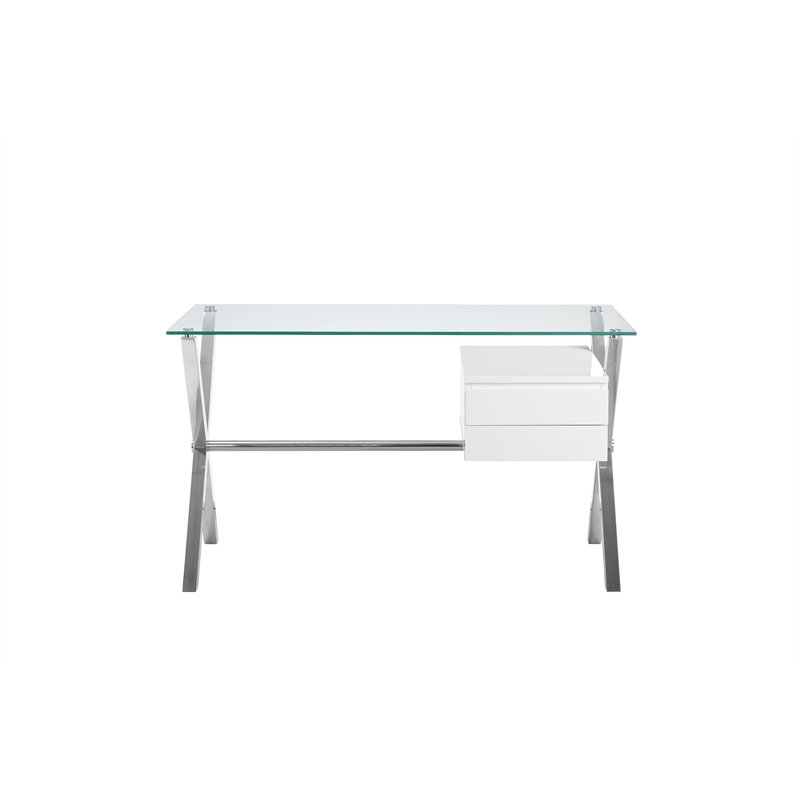Pemberly Row Small Modern Tempered Glass & Lacquer Wood Desk in White