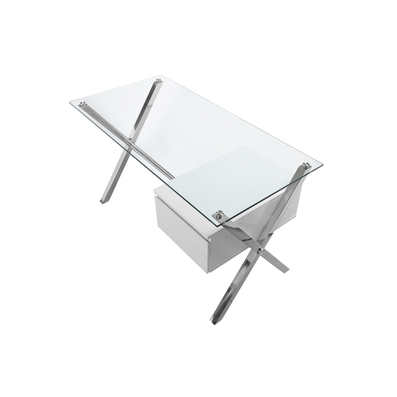 Pemberly Row Small Modern Tempered Glass & Lacquer Wood Desk in White