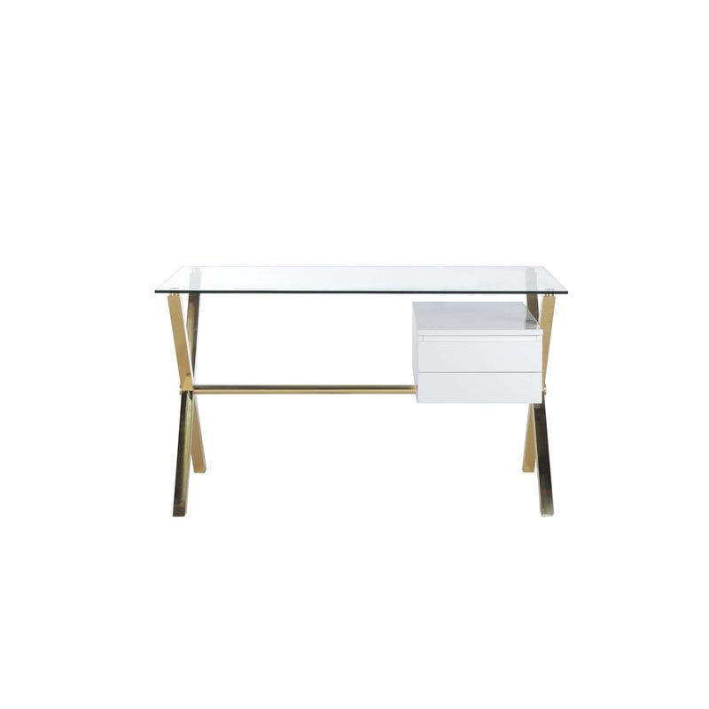 Pemberly Row Small Glass & Polished Steel Desk in Gold/White and Clear