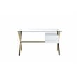 Pemberly Row Small Glass & Polished Steel Desk in Gold/White and Clear