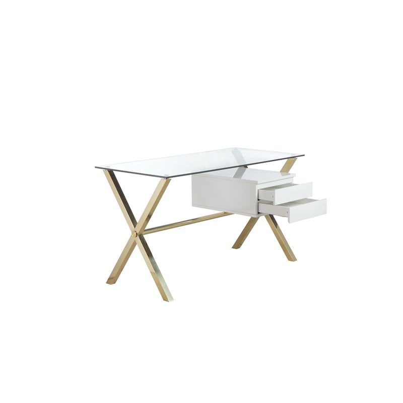 Pemberly Row Small Glass & Polished Steel Desk in Gold/White and Clear