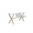 Pemberly Row Small Glass & Polished Steel Desk in Gold/White and Clear