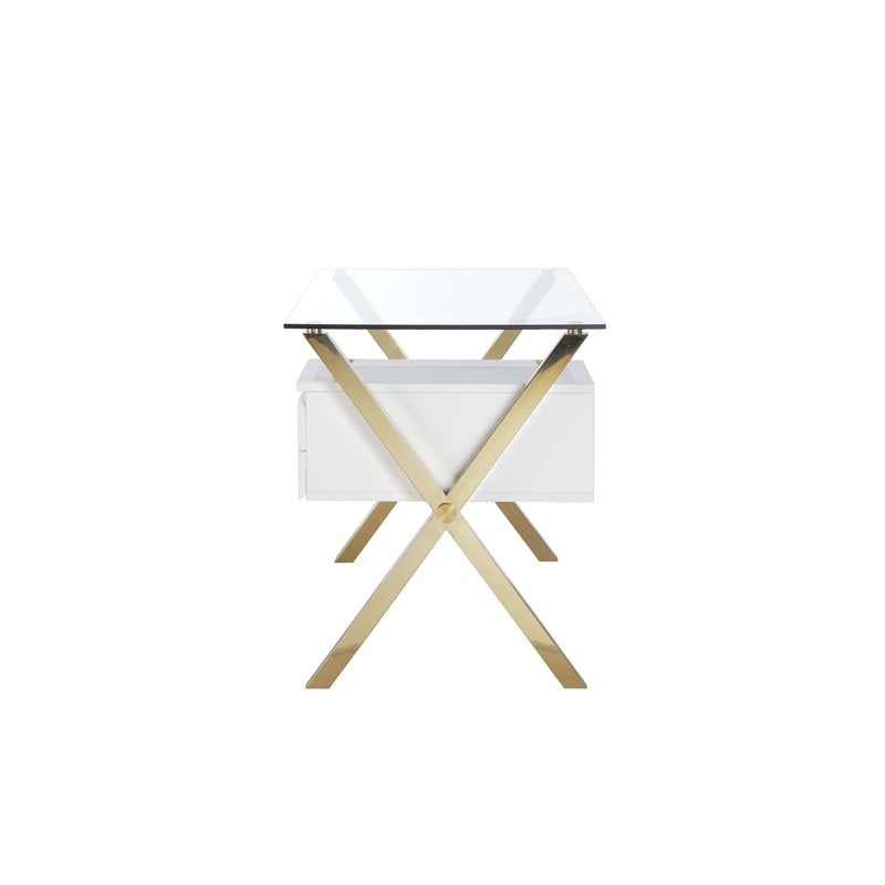 Pemberly Row Small Glass & Polished Steel Desk in Gold/White and Clear