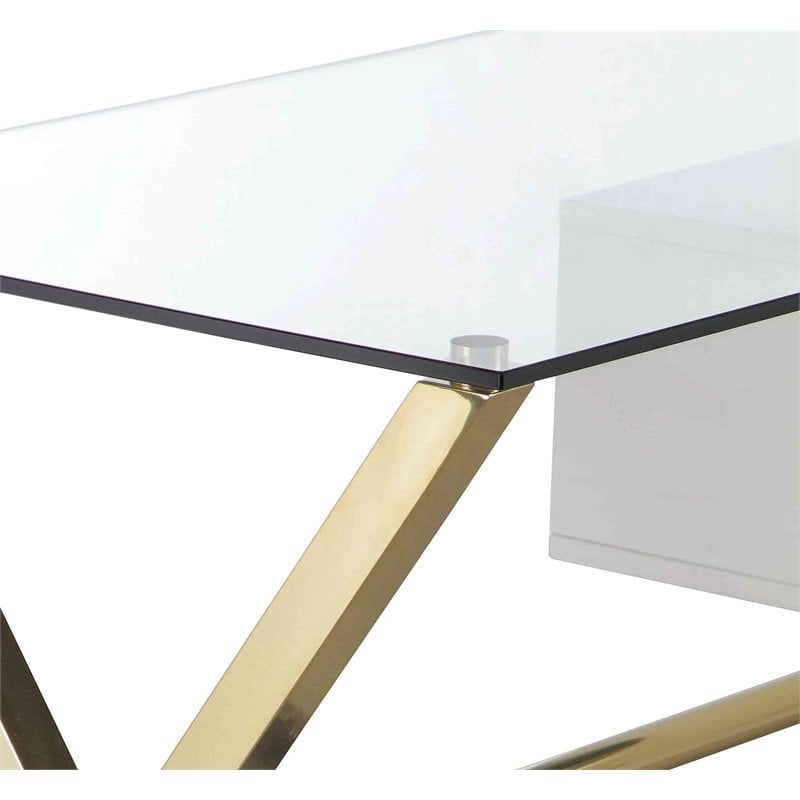 Pemberly Row Small Glass & Polished Steel Desk in Gold/White and Clear
