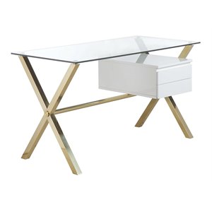 Pemberly Row Small Glass & Polished Steel Desk in Gold/White and Clear
