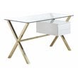 Pemberly Row Small Glass & Polished Steel Desk in Gold/White and Clear