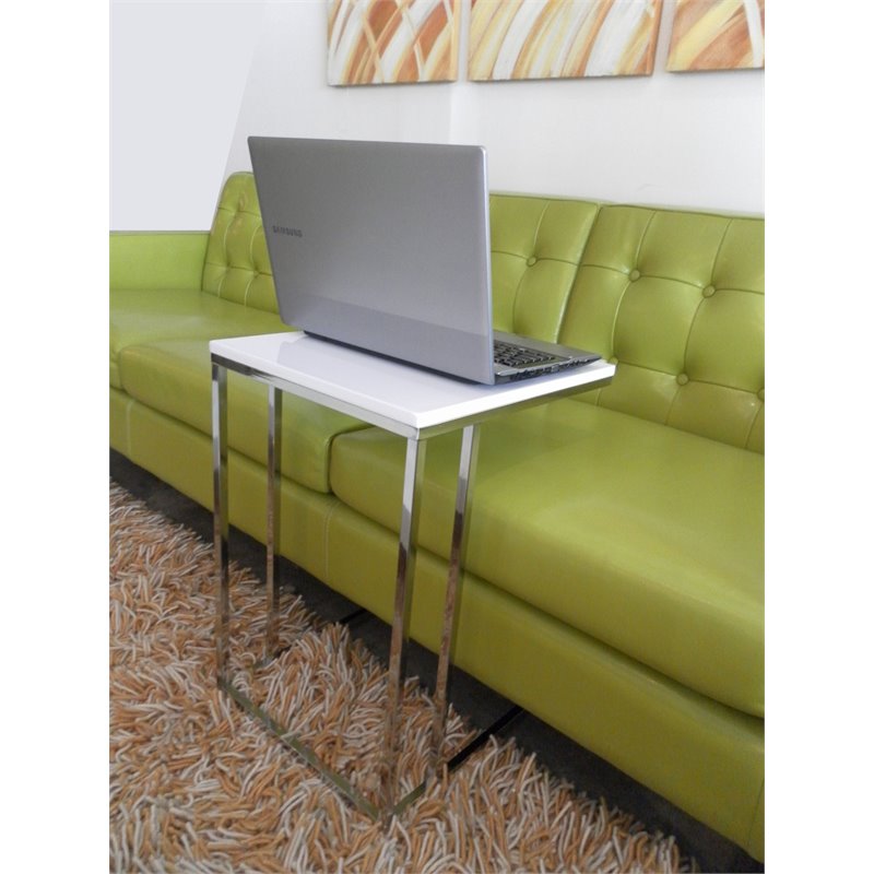Pemberly Row Modern Gloss Lacquer & Polished Steel Metal Tray Table in White