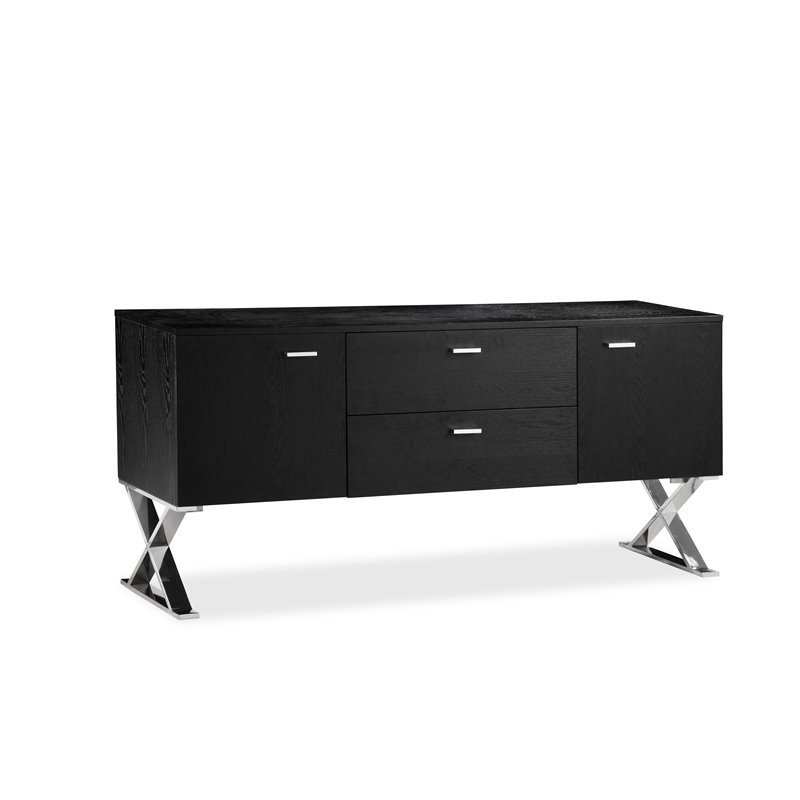 Pemberly Row Modern Wood Veneer & High Polished Steel Buffet in Black