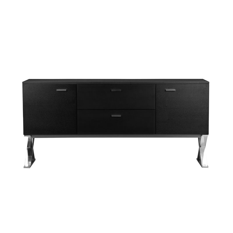 Pemberly Row Modern Wood Veneer & High Polished Steel Buffet in Black