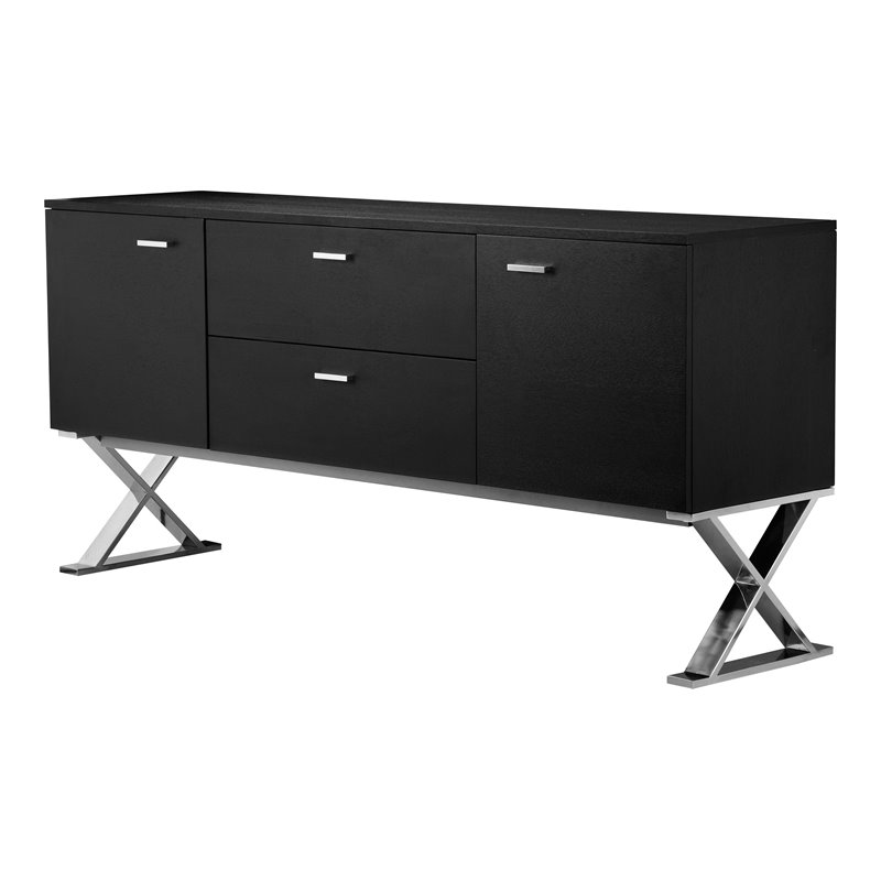 Pemberly Row Modern Wood Veneer & High Polished Steel Buffet in Black