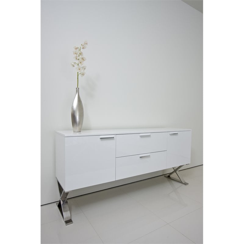 Pemberly Row Modern Gloss Lacquer & Polished Steel Metal Buffet in White