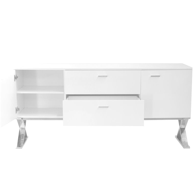 Pemberly Row Modern Gloss Lacquer & Polished Steel Metal Buffet in White
