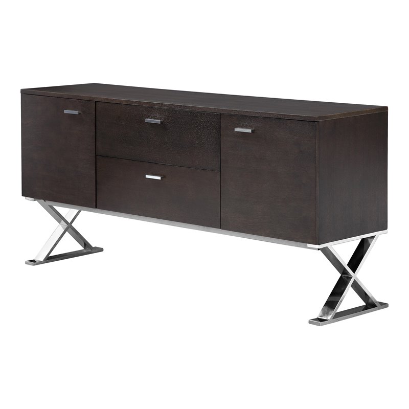 Pemberly Row Modern Wood Veneer & High Polished Steel Buffet in Espresso