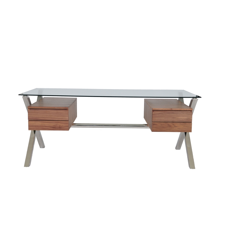Pemberly Row Large Modern Tempered Glass & Wood Veneer Desk in Walnut