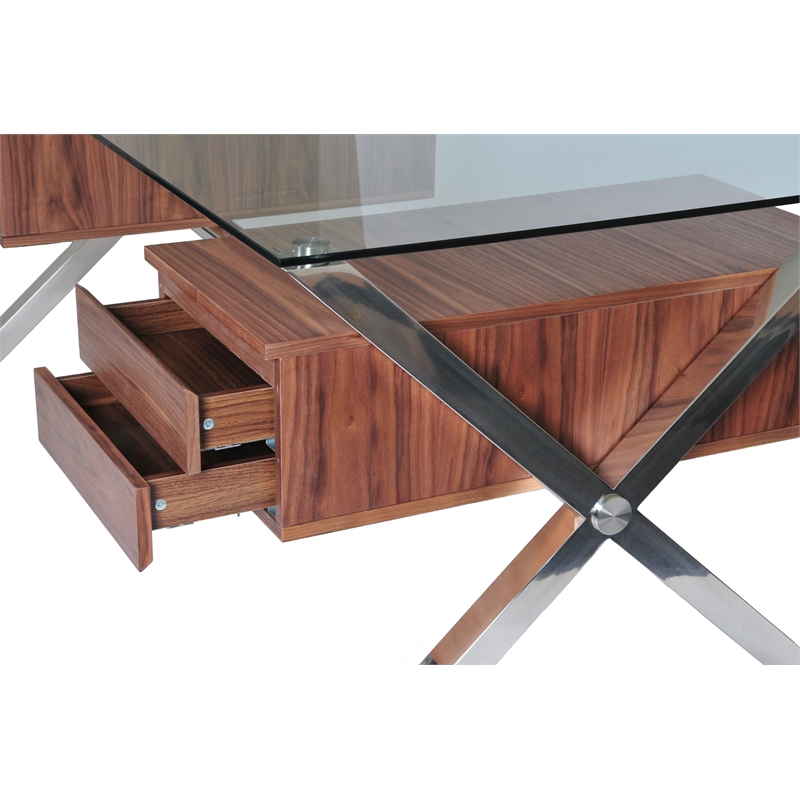 Pemberly Row Large Modern Tempered Glass & Wood Veneer Desk in Walnut