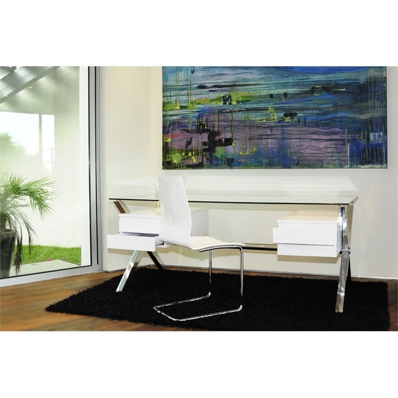 Pemberly Row Large Modern Tempered Glass & Lacquer Wood Desk in White