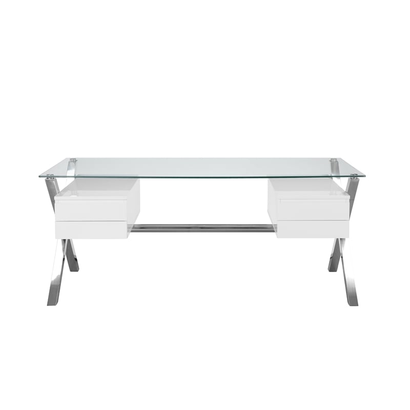 Pemberly Row Large Modern Tempered Glass & Lacquer Wood Desk in White