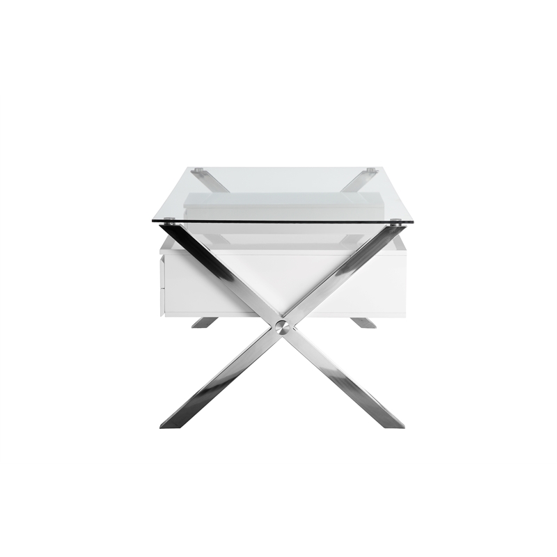 Pemberly Row Large Modern Tempered Glass & Lacquer Wood Desk in White