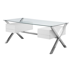 Pemberly Row Large Modern Tempered Glass & Lacquer Wood Desk in White