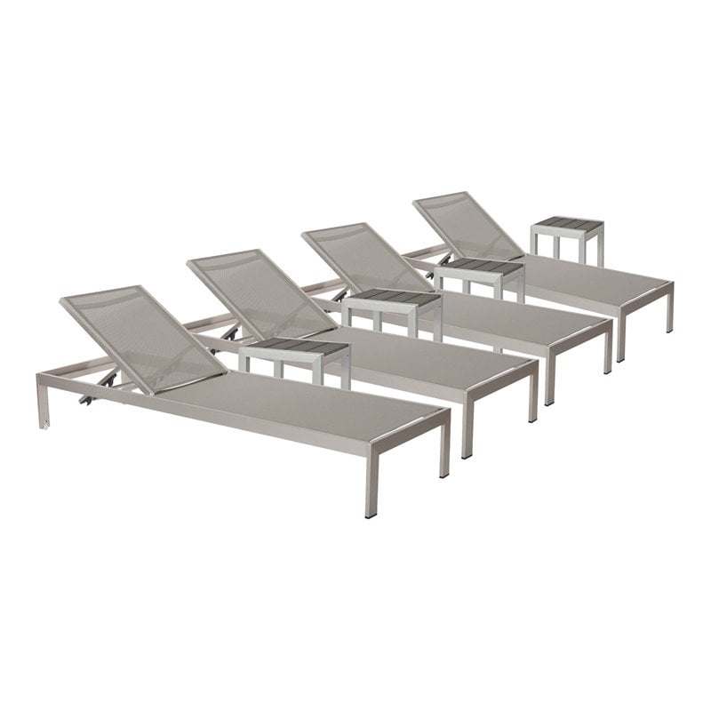 Pemberly Row 8-piece Aluminum Patio 4 Loungers and 4 Side Tables in Gray