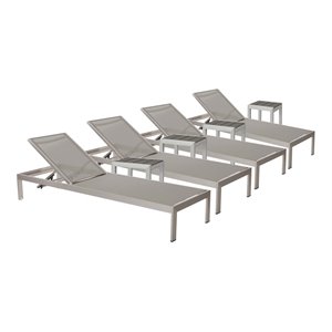 Pemberly Row 8-piece Aluminum Patio 4 Loungers and 4 Side Tables in Gray