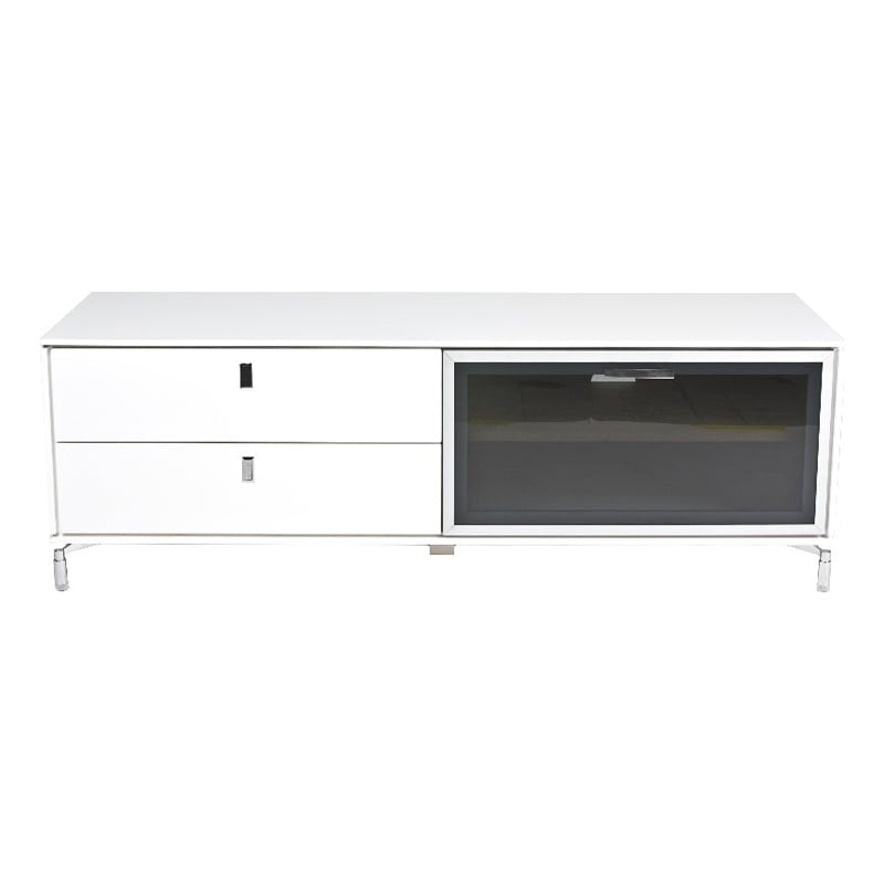 Pemberly Row Small Modern Glass & Polished Steel Metal Media Unit in White