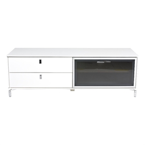 Pemberly Row Small Modern Glass & Polished Steel Metal Media Unit in White