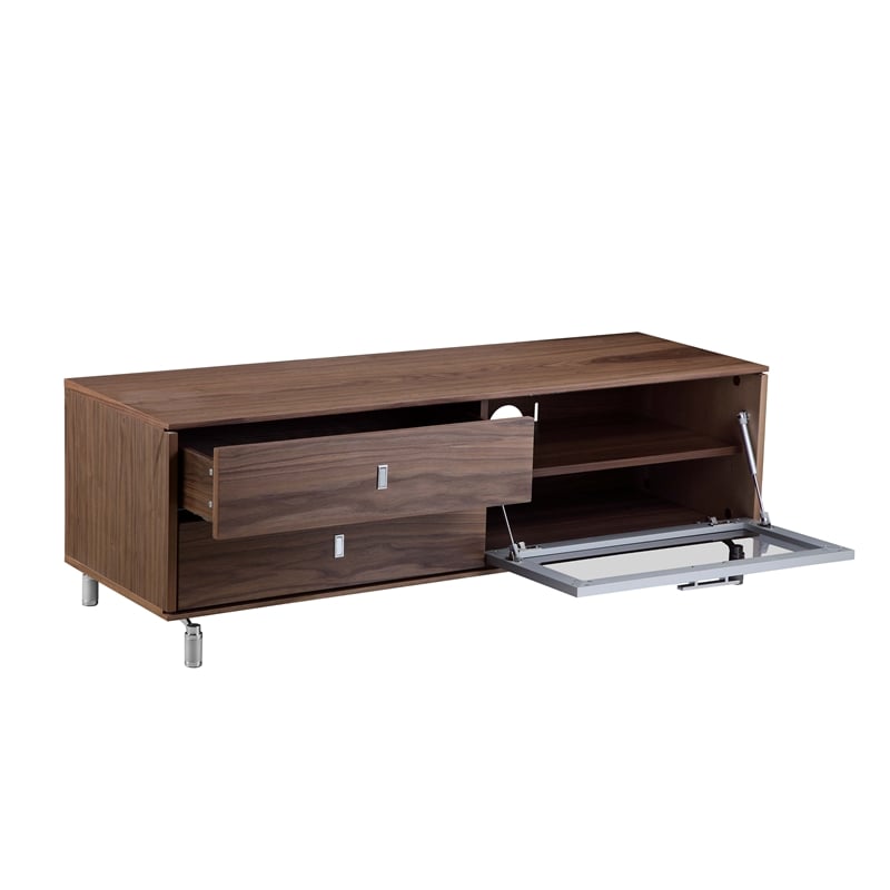 Pemberly Row Small Wood Veneer/Glass & Polished Steel Media Unit in Walnut