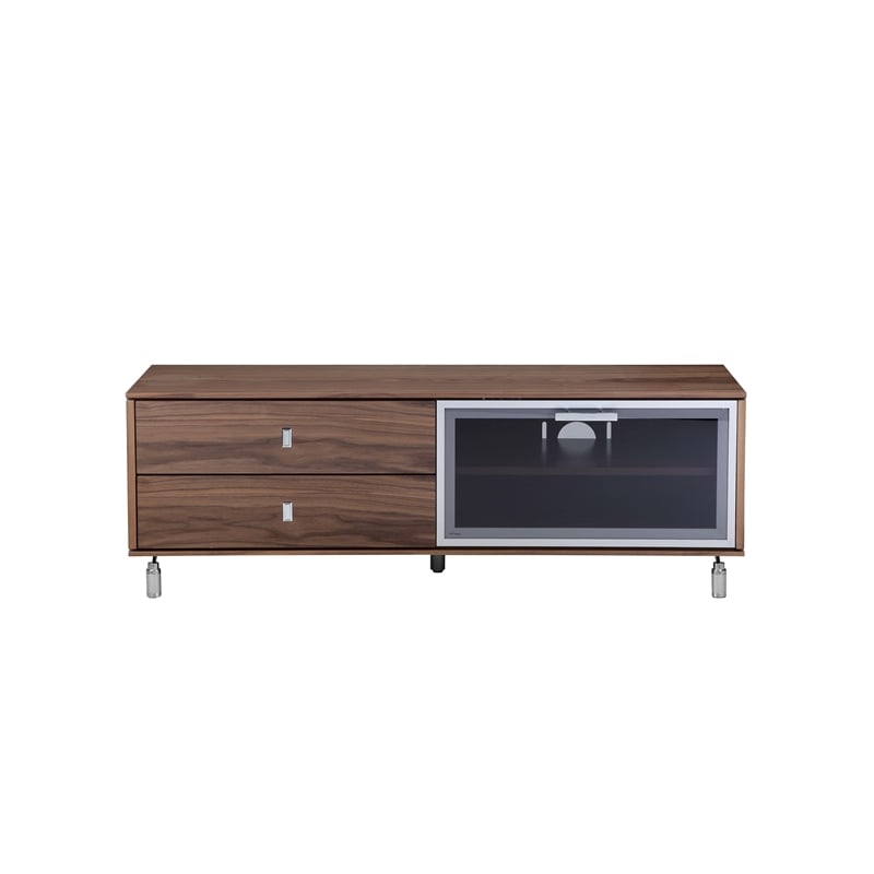 Pemberly Row Small Wood Veneer/Glass & Polished Steel Media Unit in Walnut